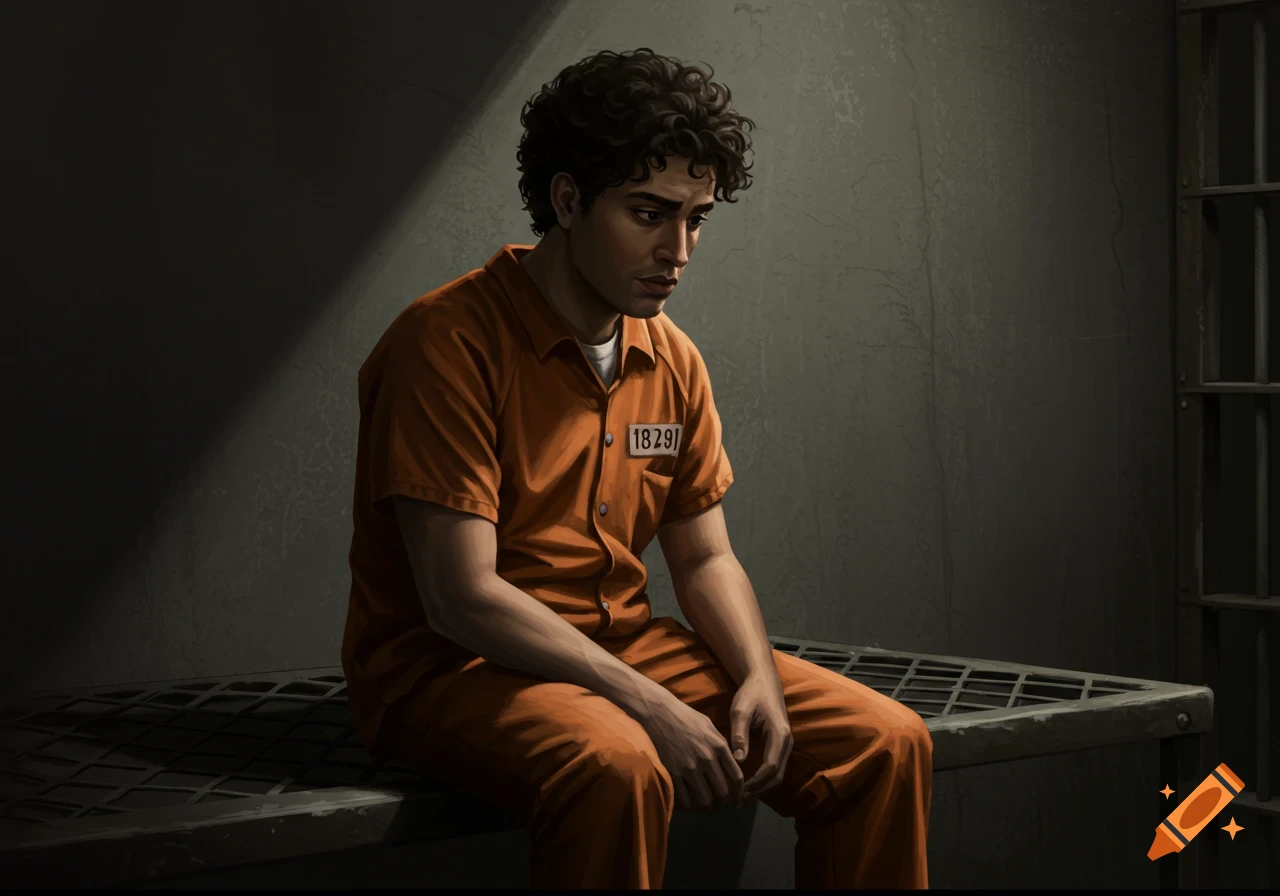 A man in an orange prison jumpsuit sits on a bed in a cell, looking down sadly. Painterly style.