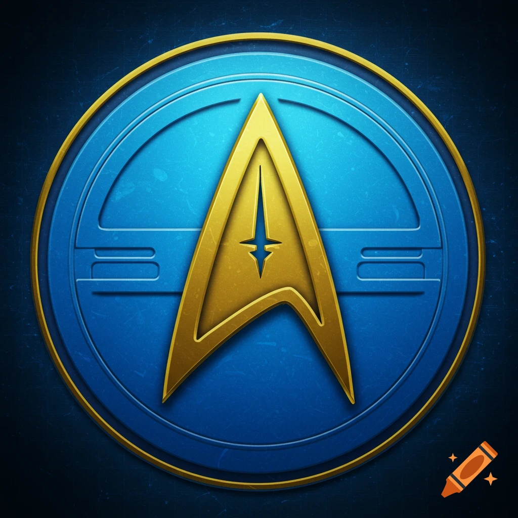A golden Starfleet command badge symbol on a blue background.
