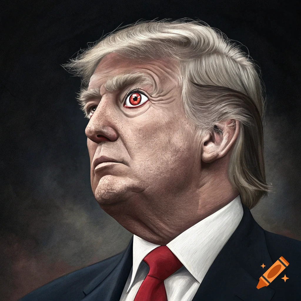 Painterly portrait of Donald Trump with a single red, glowing eye.