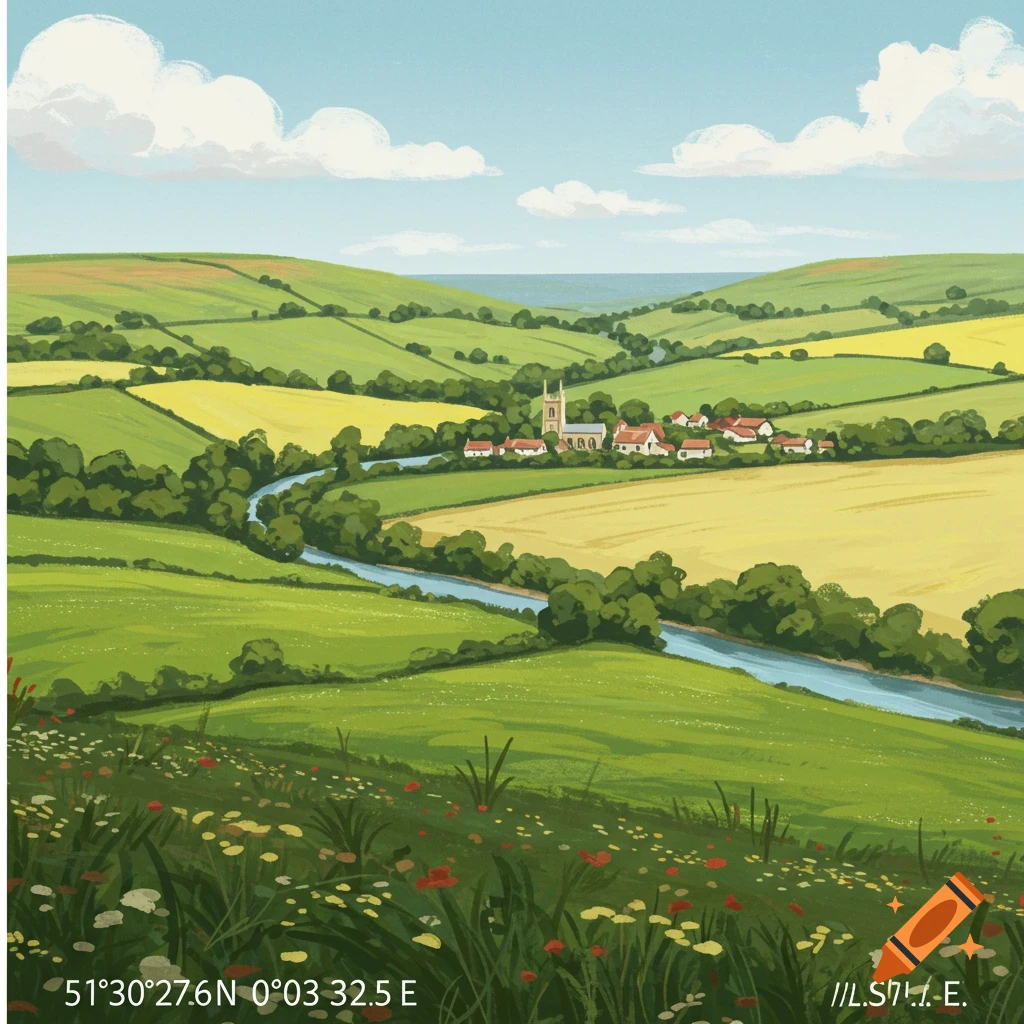 Painterly landscape with rolling green and yellow fields, a river, a village with a church, under a cloudy sky.