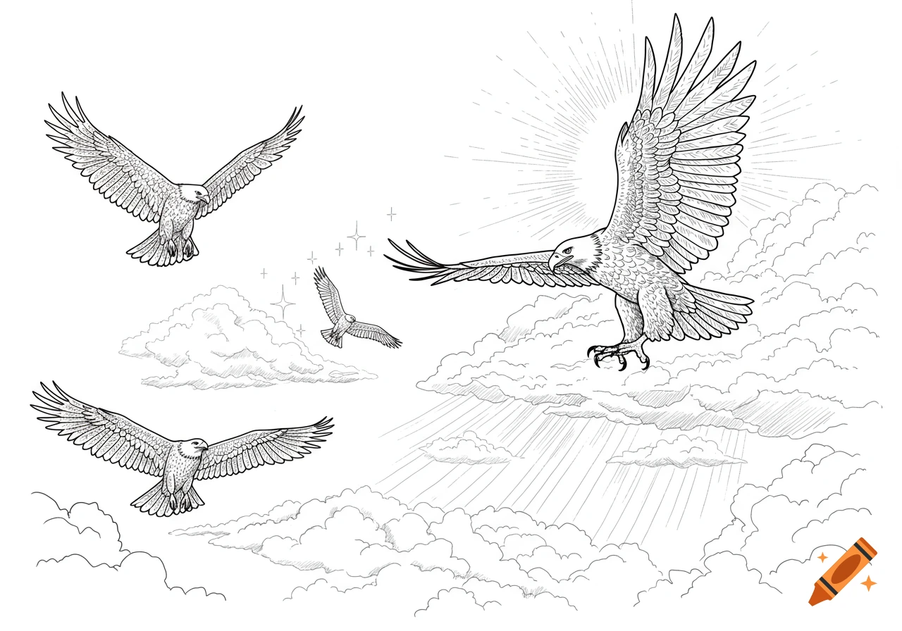 Monochrome line drawing of three eagles flying through clouds with sun rays.