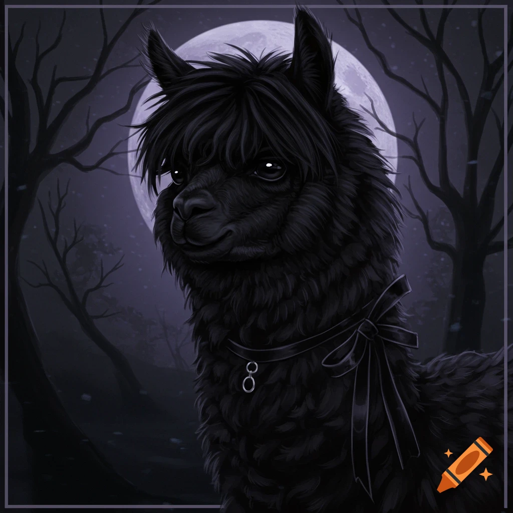 Black alpaca in a dark forest under a full moon wearing a bow and ring, gothic style.