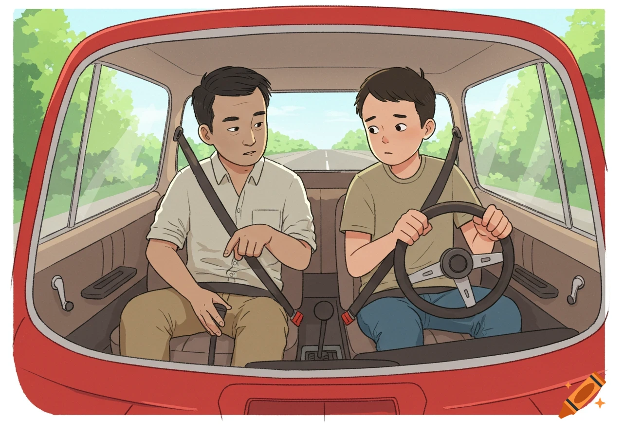 A cartoon illustration of an Asian father teaching his son to drive a car.
