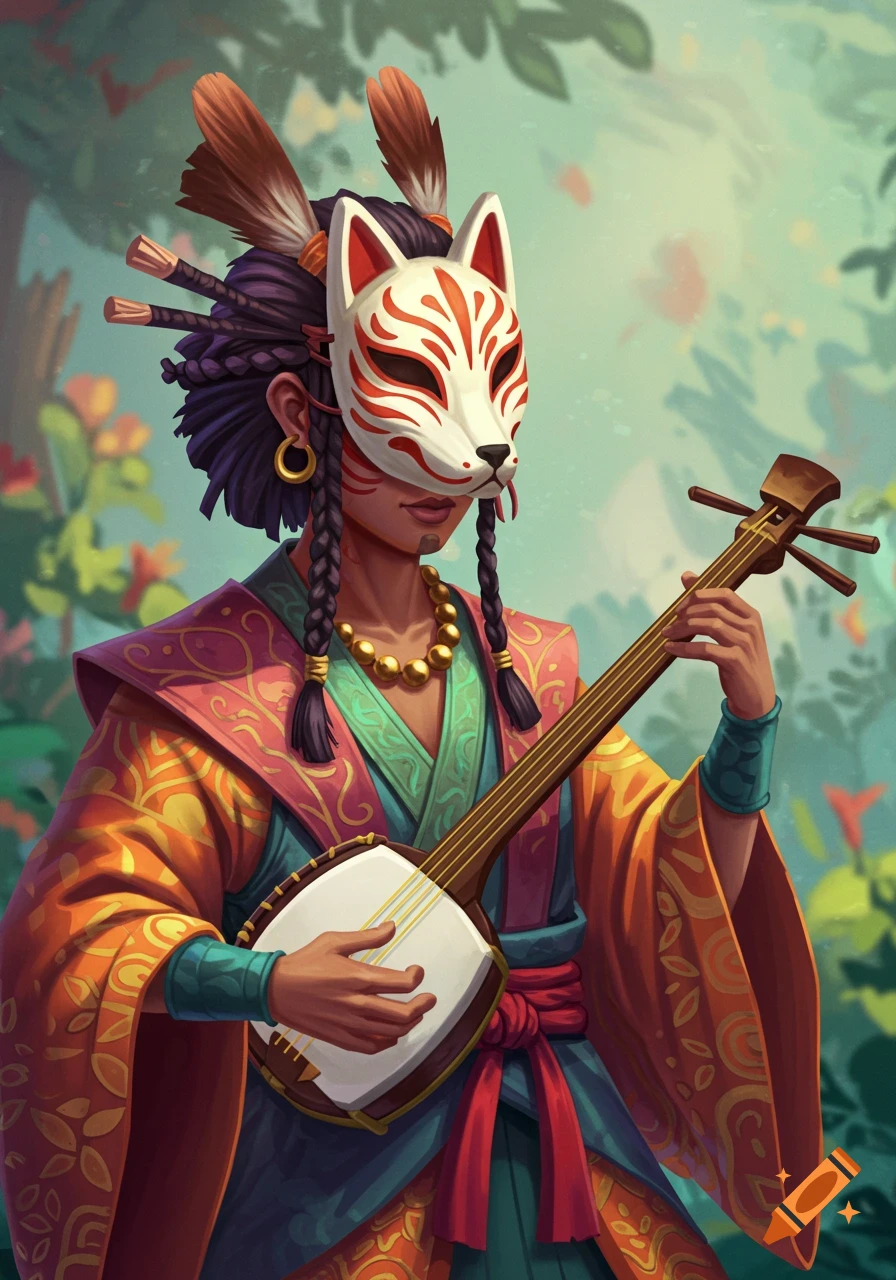 Person wearing a fox mask plays a shamisen in a forest, stylized illustration