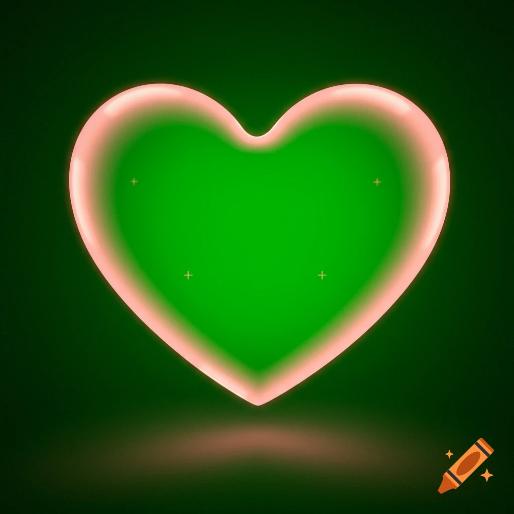 A glowing heart shape with a bright green center and a shadow below.