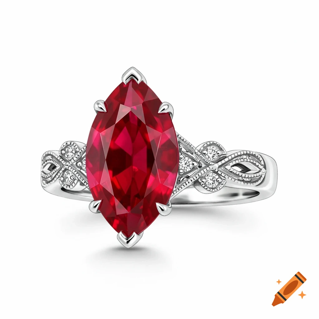 Marquise ruby engagement ring on white background