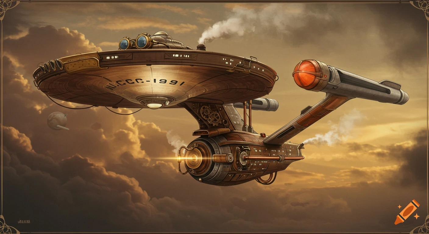 A steampunk USS Enterprise starship flies through cloudy skies at sunset.