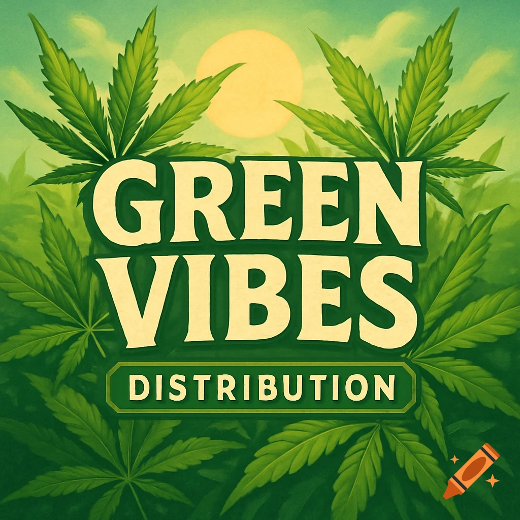 Illustrated logo with cannabis leaves and text 'GREEN VIBES DISTRIBUTION'.