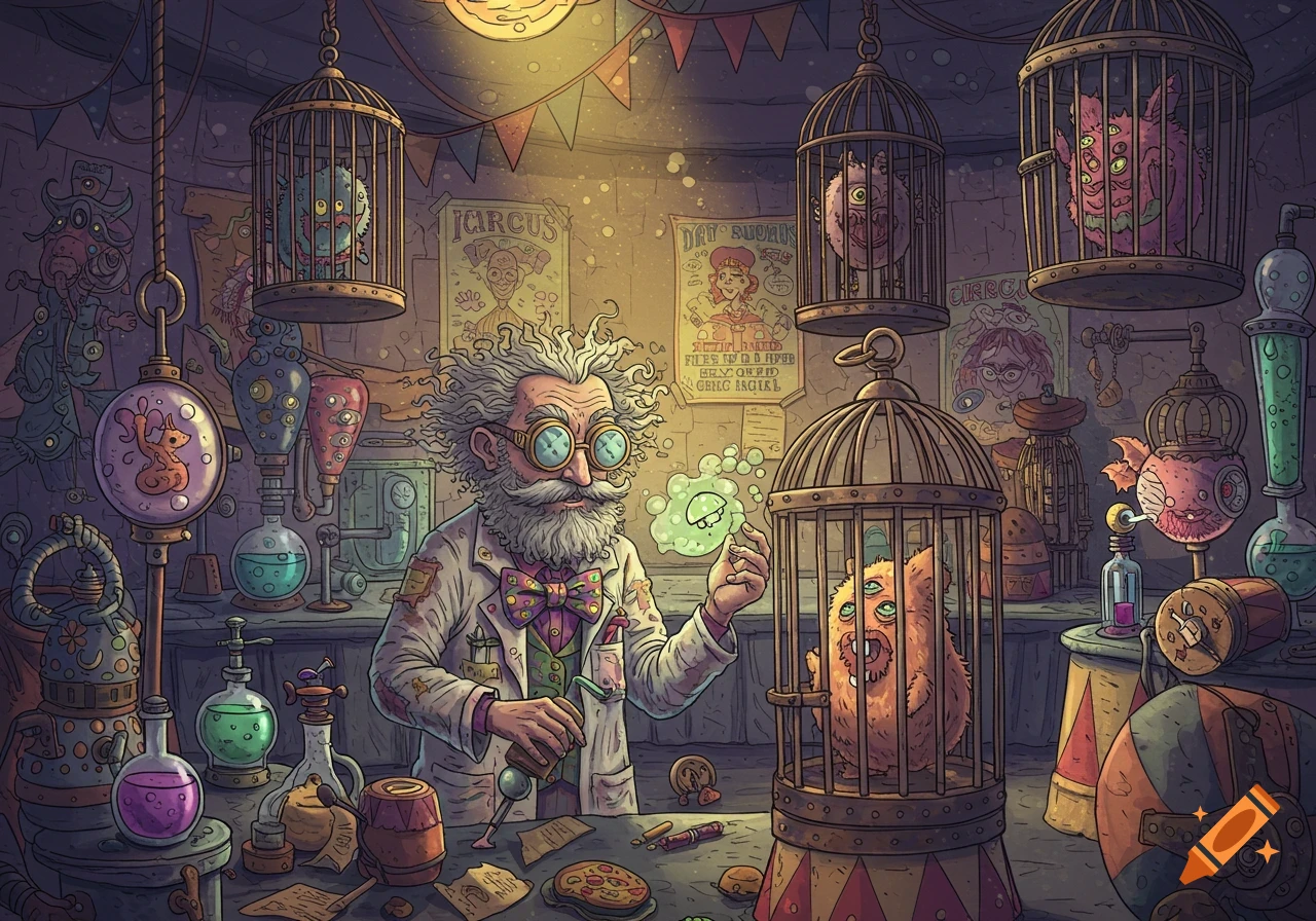 A cartoonish mad scientist in a lab with creatures in cages, featuring a circus theme.