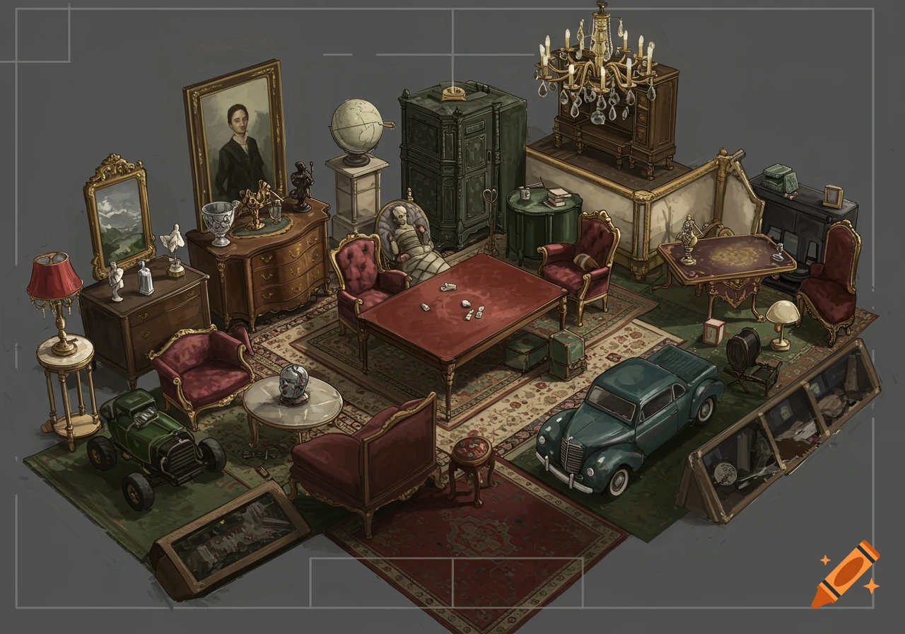 Overhead view of antique furniture, decor, vintage cars, and objects arranged on rugs in an interior space, illustrated style.