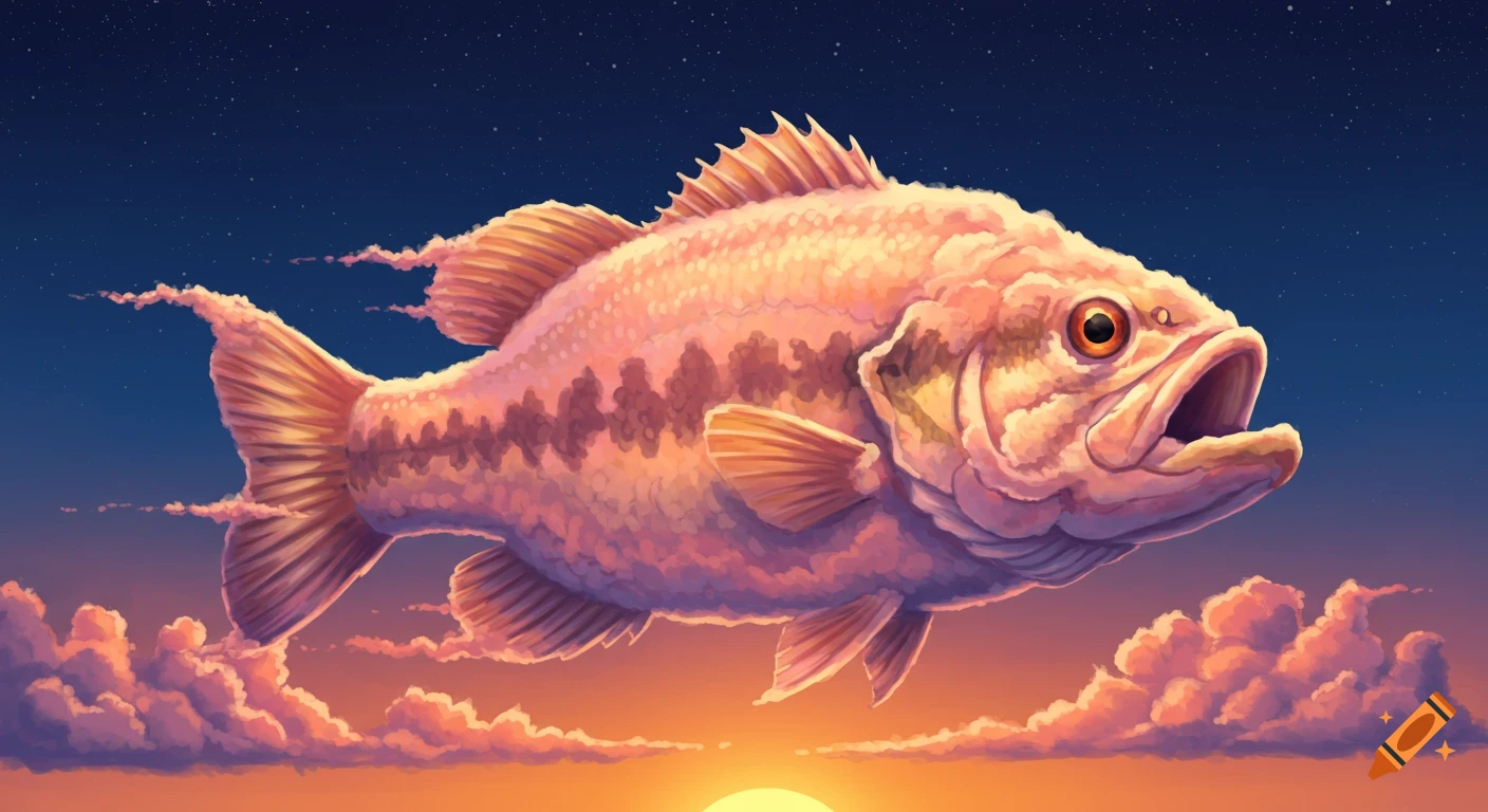 A fish made of clouds flies through a colorful sunset sky.