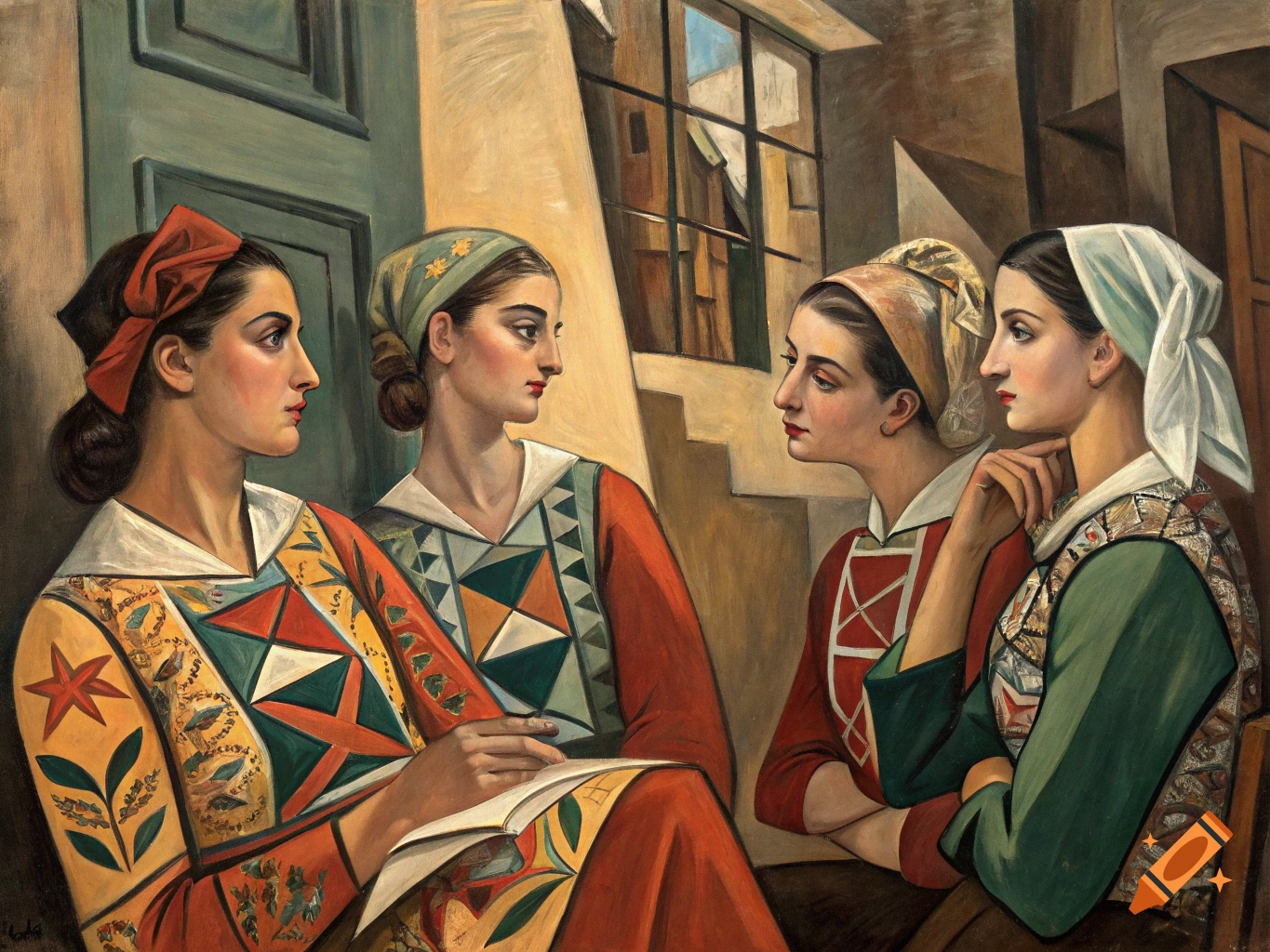 Painting of four women in colorful dresses and headscarves looking at each other.