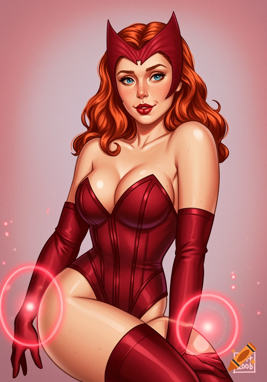 Illustration of Scarlet Witch in a pinup pose with magical circles around her hands.