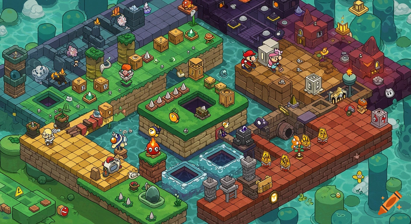 Isometric cartoon video game level featuring platforms, enemies, and characters resembling Mario and Peach in a water-filled environment.