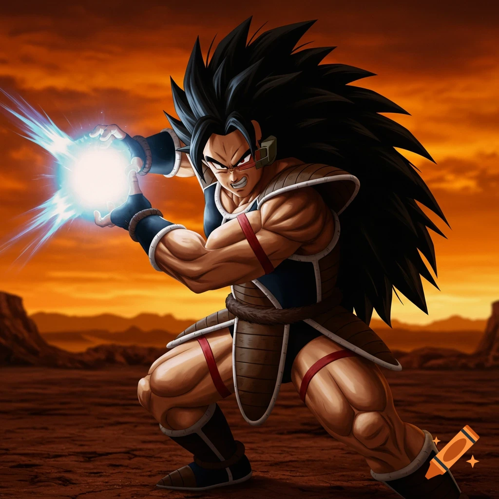 Illustration of Raditz from Dragon Ball Z charging an energy attack in a desert landscape.