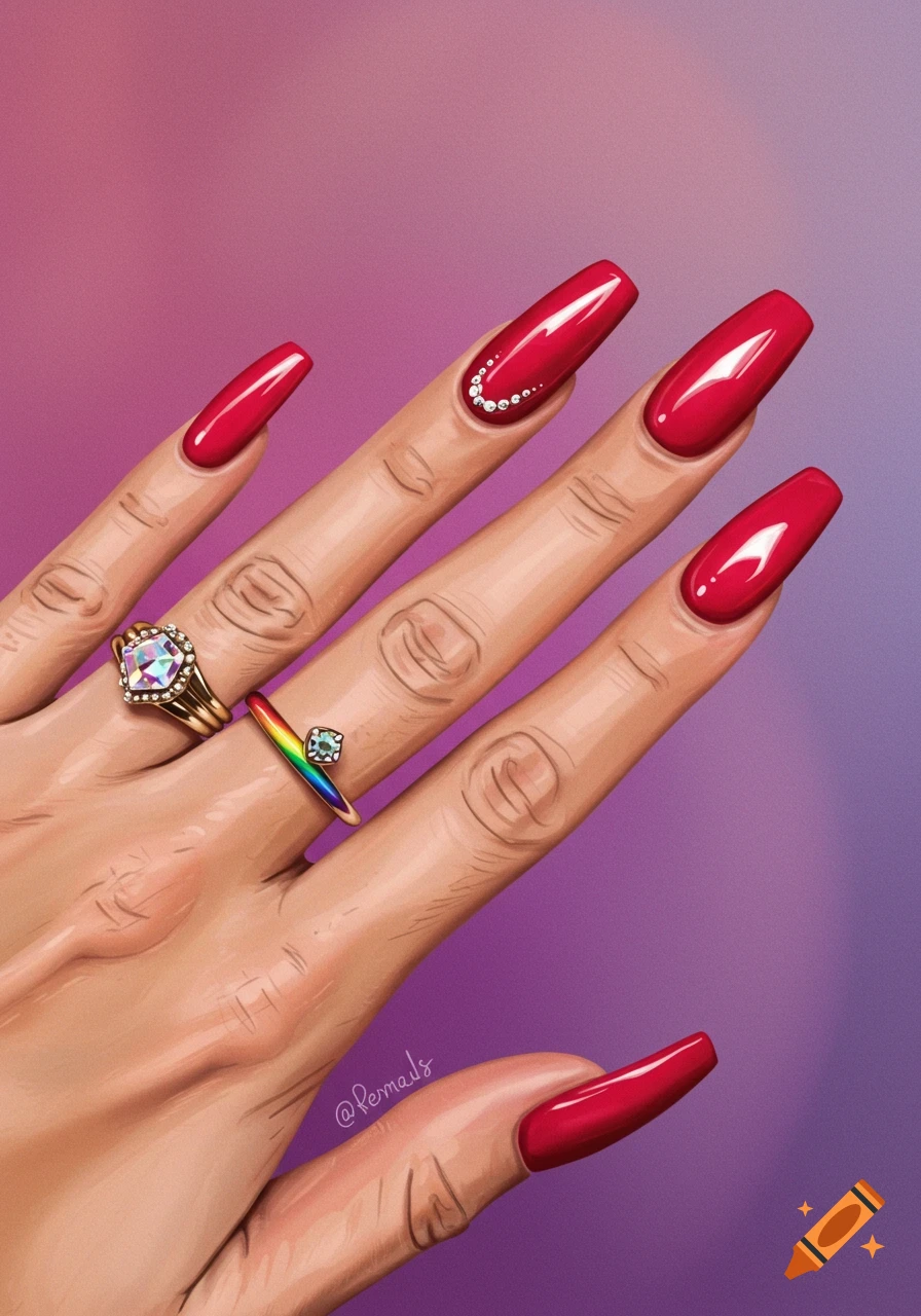 Close-up illustration of a hand with long red coffin nails and rings.