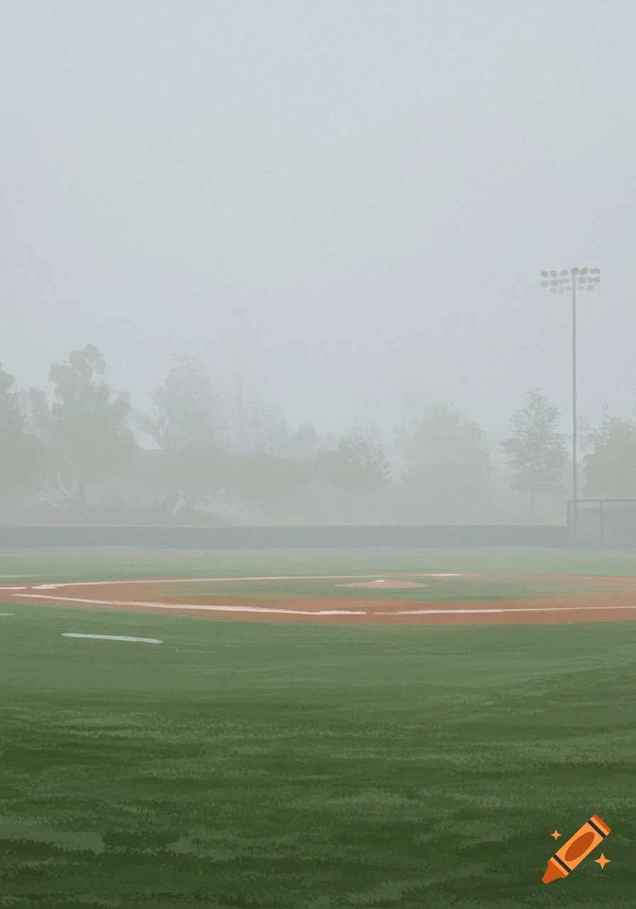 A baseball field is covered in fog.