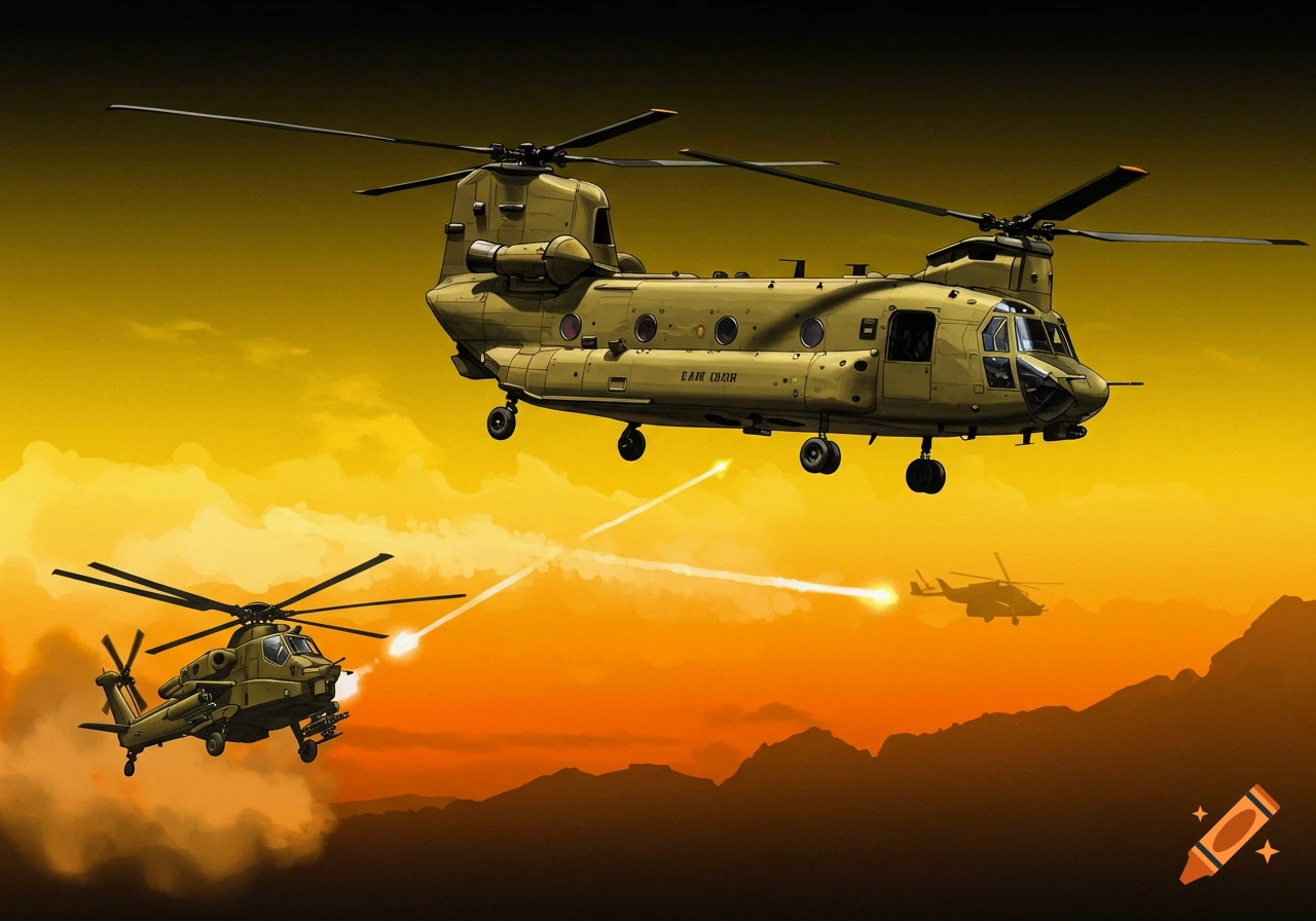 Illustration of military helicopters flying and firing over mountains at sunset.