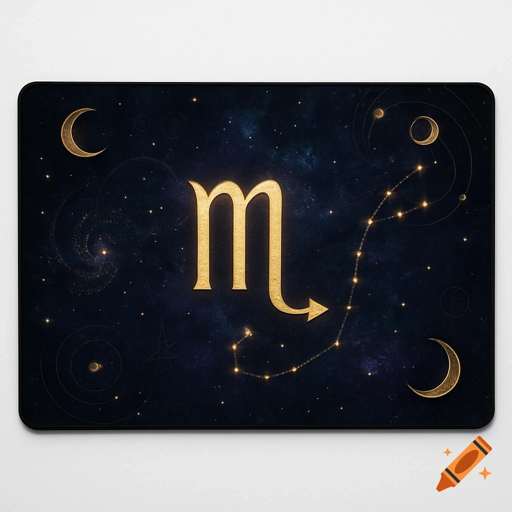 Golden Scorpio zodiac symbol and constellation on a dark cosmic background with stars and moons.