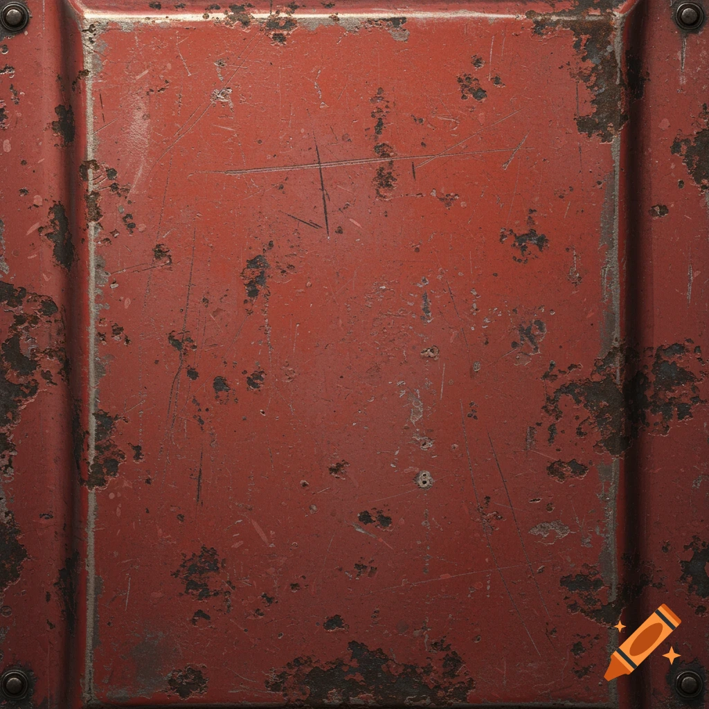Close-up texture of a red metal panel with rust and scratches, resembling industrial or warehouse material.