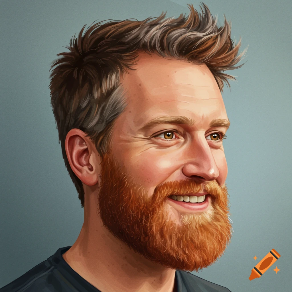 Illustration of a man with a red beard and greying hair smiling in profile.