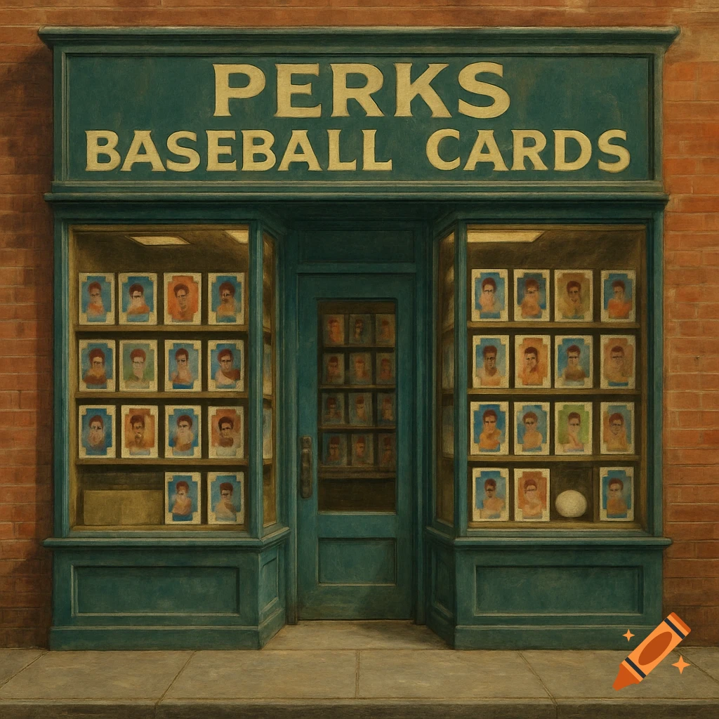 A storefront for Perks Baseball Cards store displaying framed portraits in the windows in a painterly style.