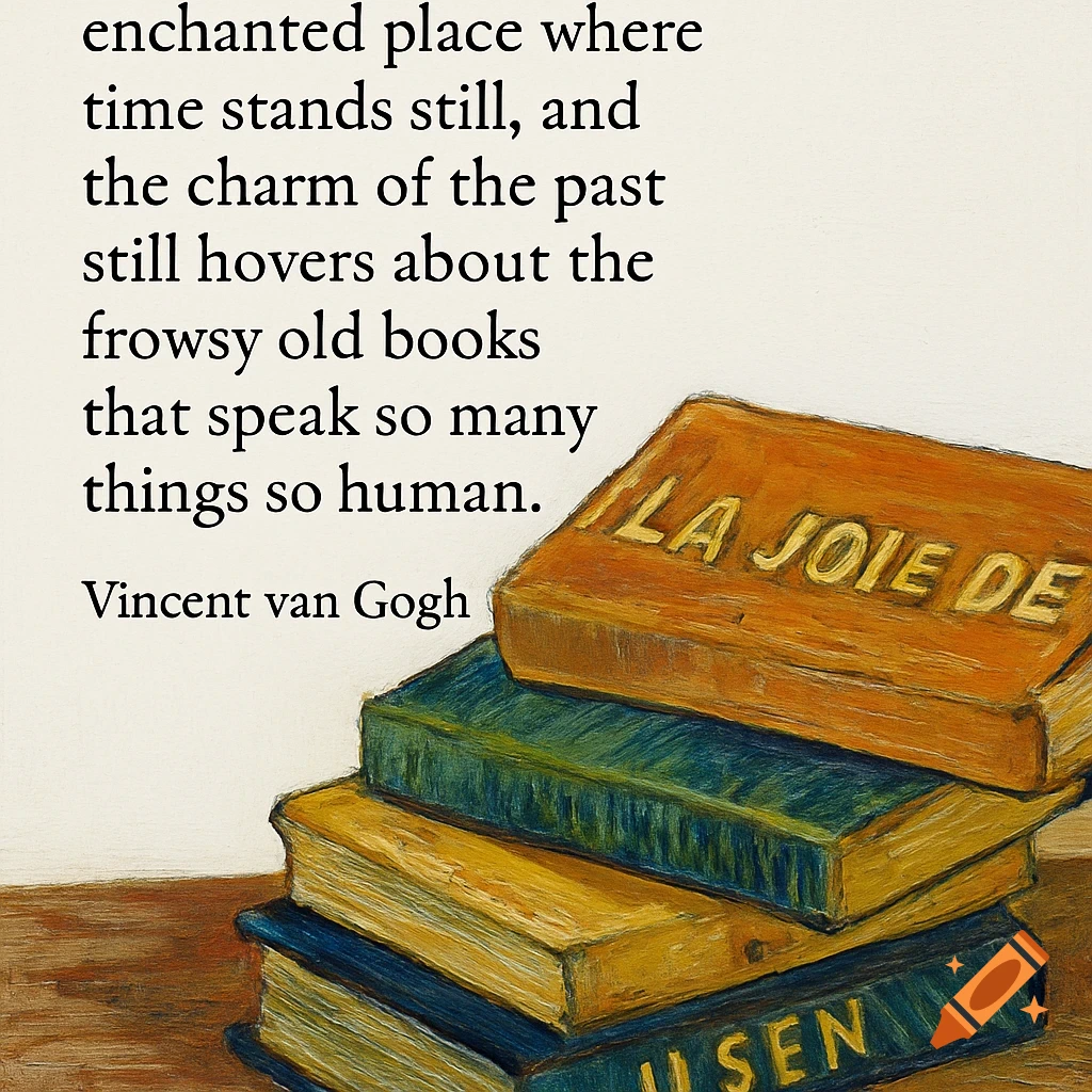 A painted image of a stack of books next to a quote about bookshops by Vincent van Gogh on a white background.
