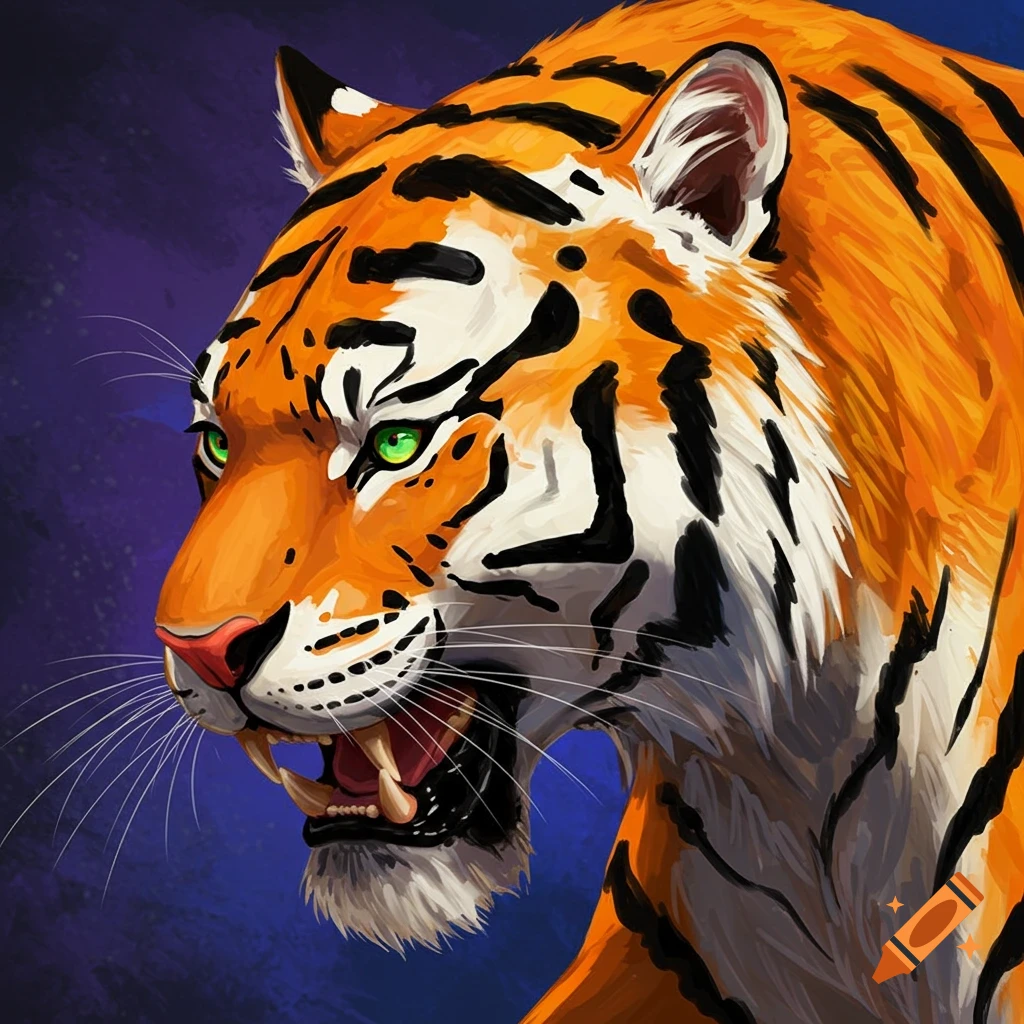 A fierce portrait of a tiger with green eyes and orange and black stripes in a bold, painterly style.