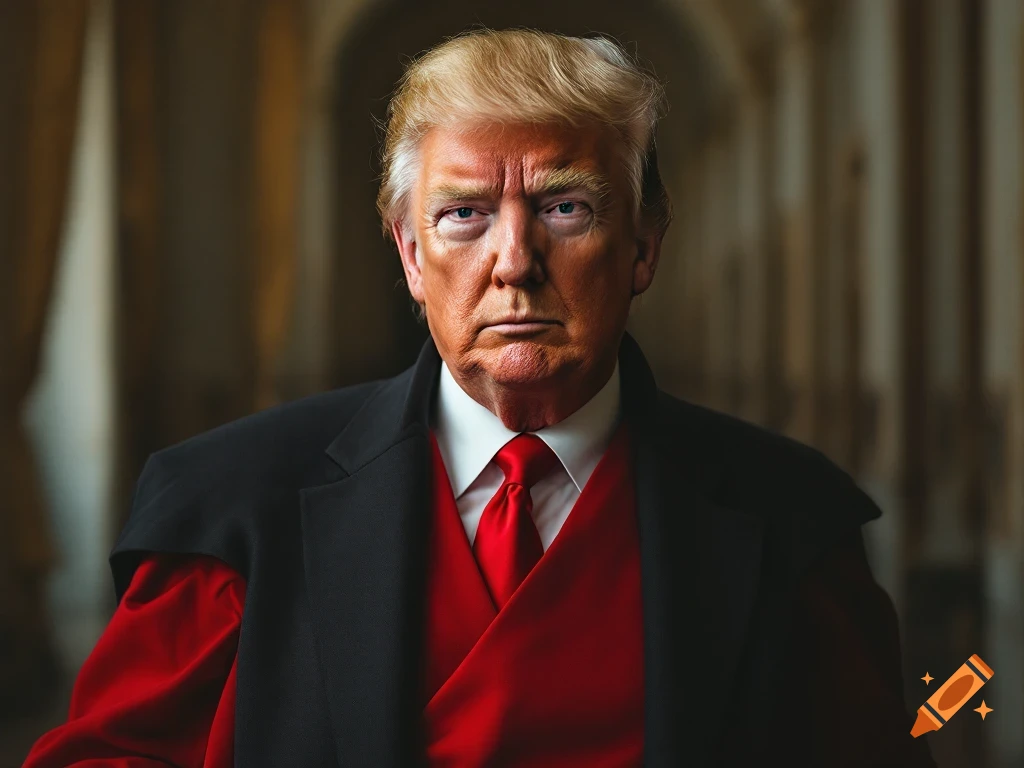 Portrait of Donald Trump wearing a red robe-like outfit and black jacket.