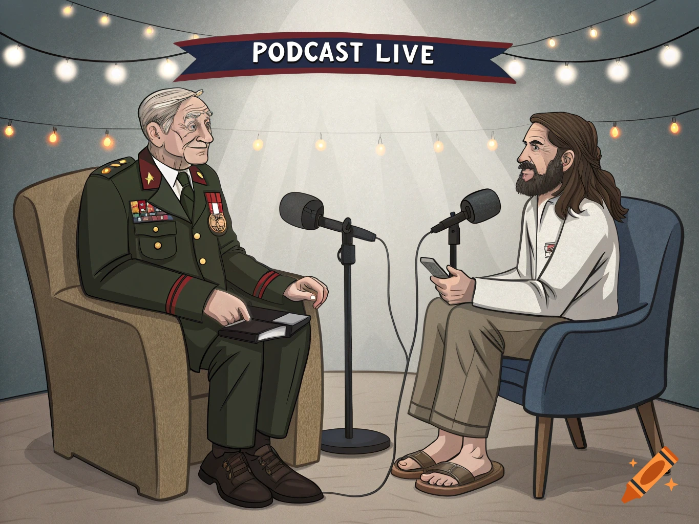 Illustration of a war veteran and Jesus on a podcast.