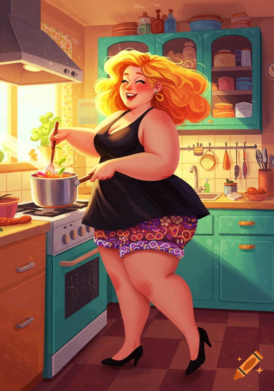 An illustrative image of a smiling, chubby woman with orange-blonde hair stirring a pot in a bright kitchen.