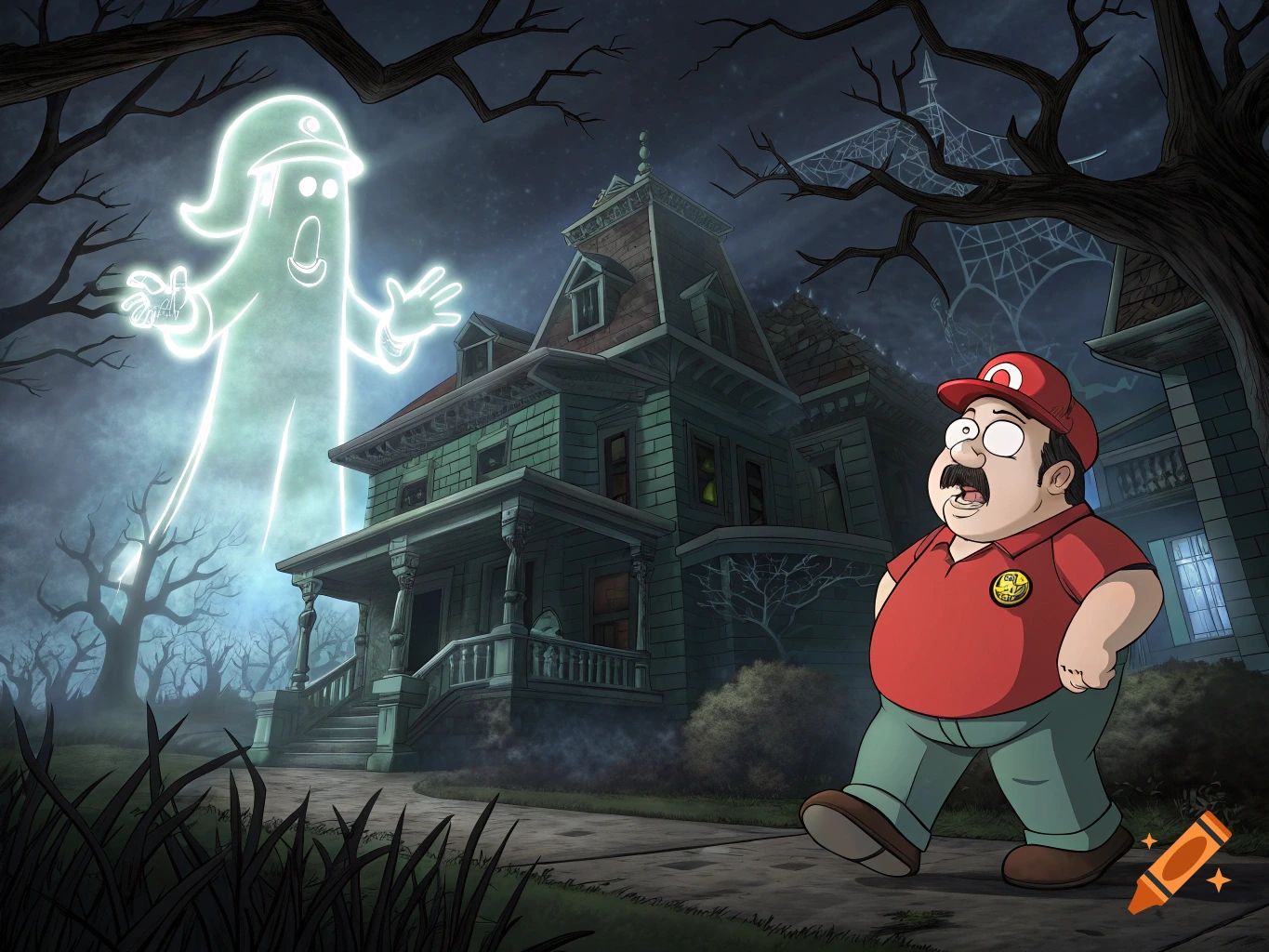 Cartoon character resembling Peter Griffin dressed as Mario stands scared outside a haunted mansion facing a large ghost.