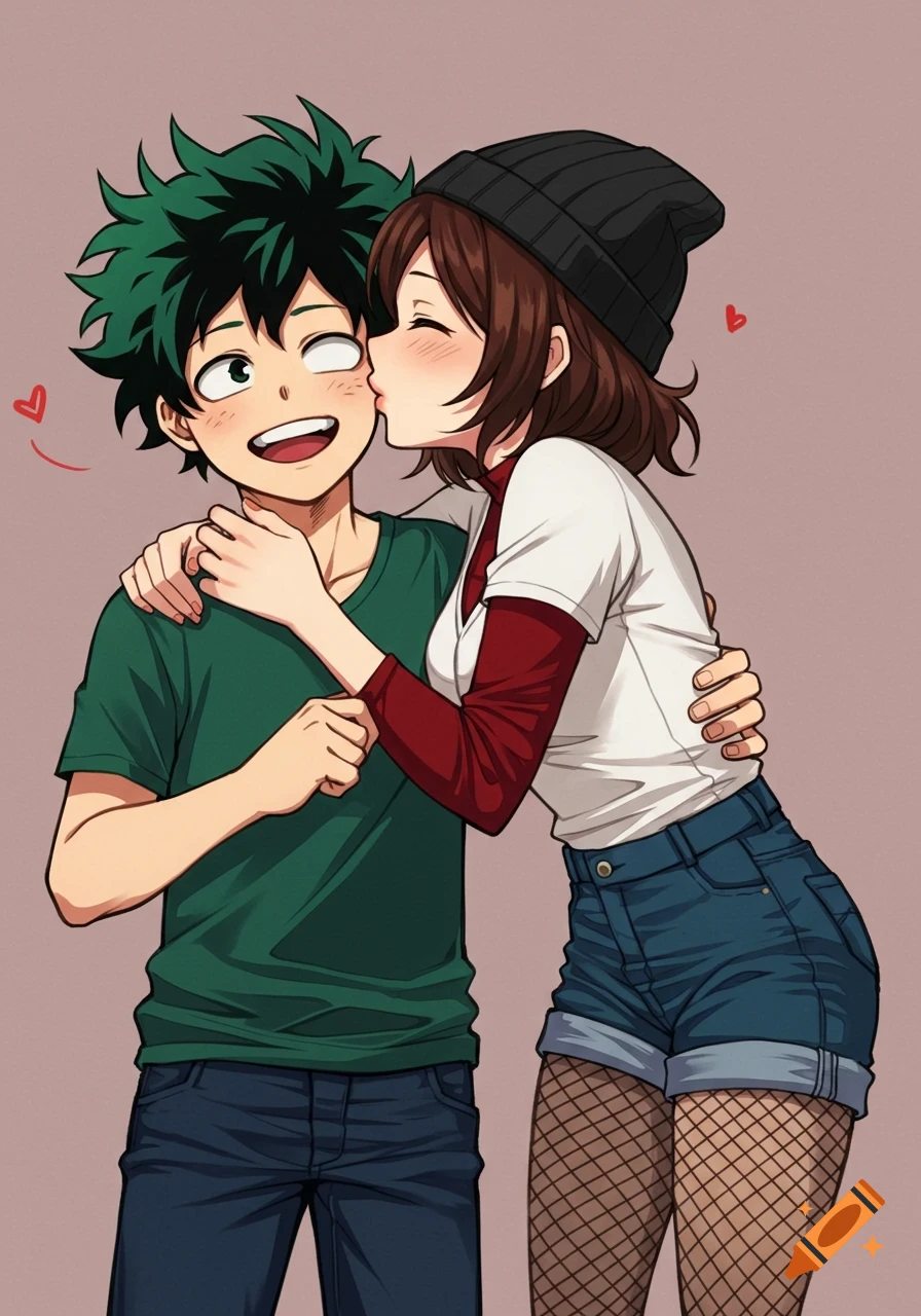 Anime drawing of a girl kissing a boy's cheek.