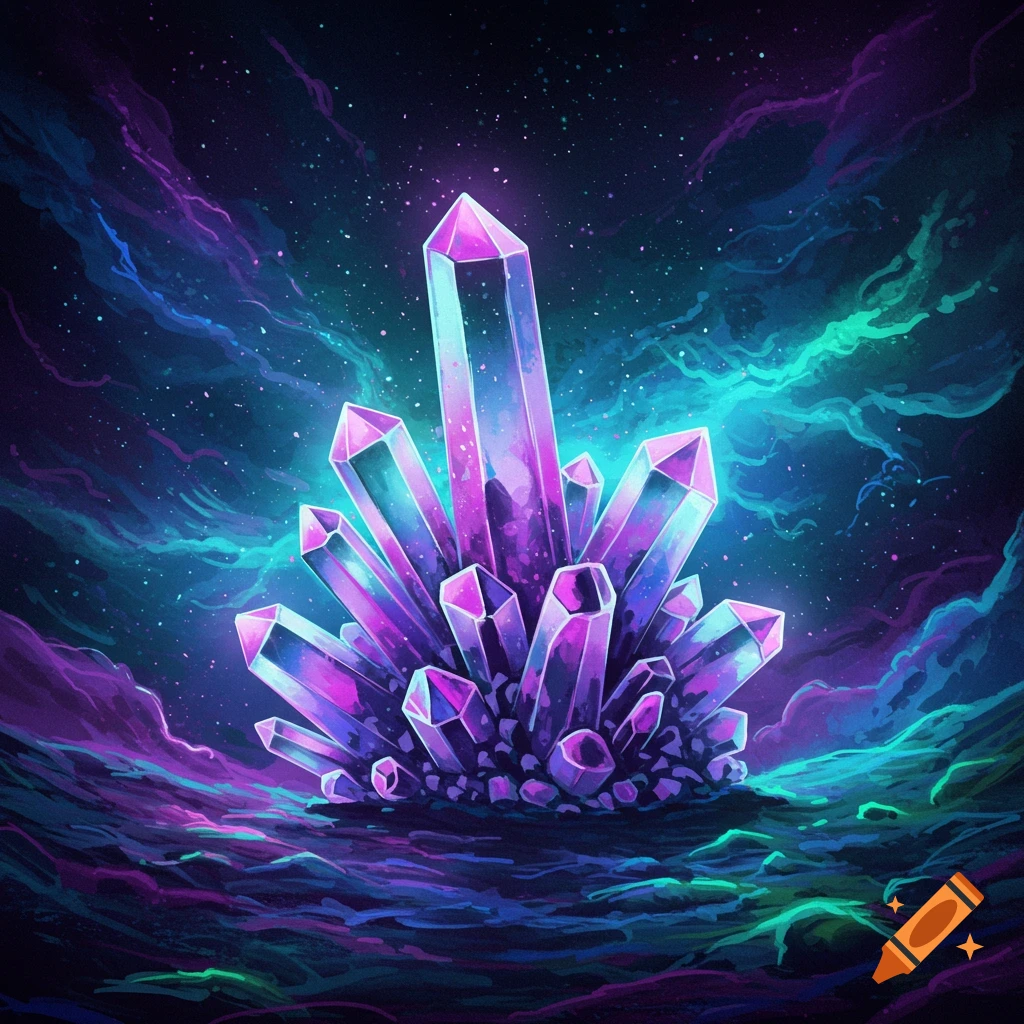 Glowing purple and blue crystal cluster in a cosmic landscape with nebula clouds, illustration style.