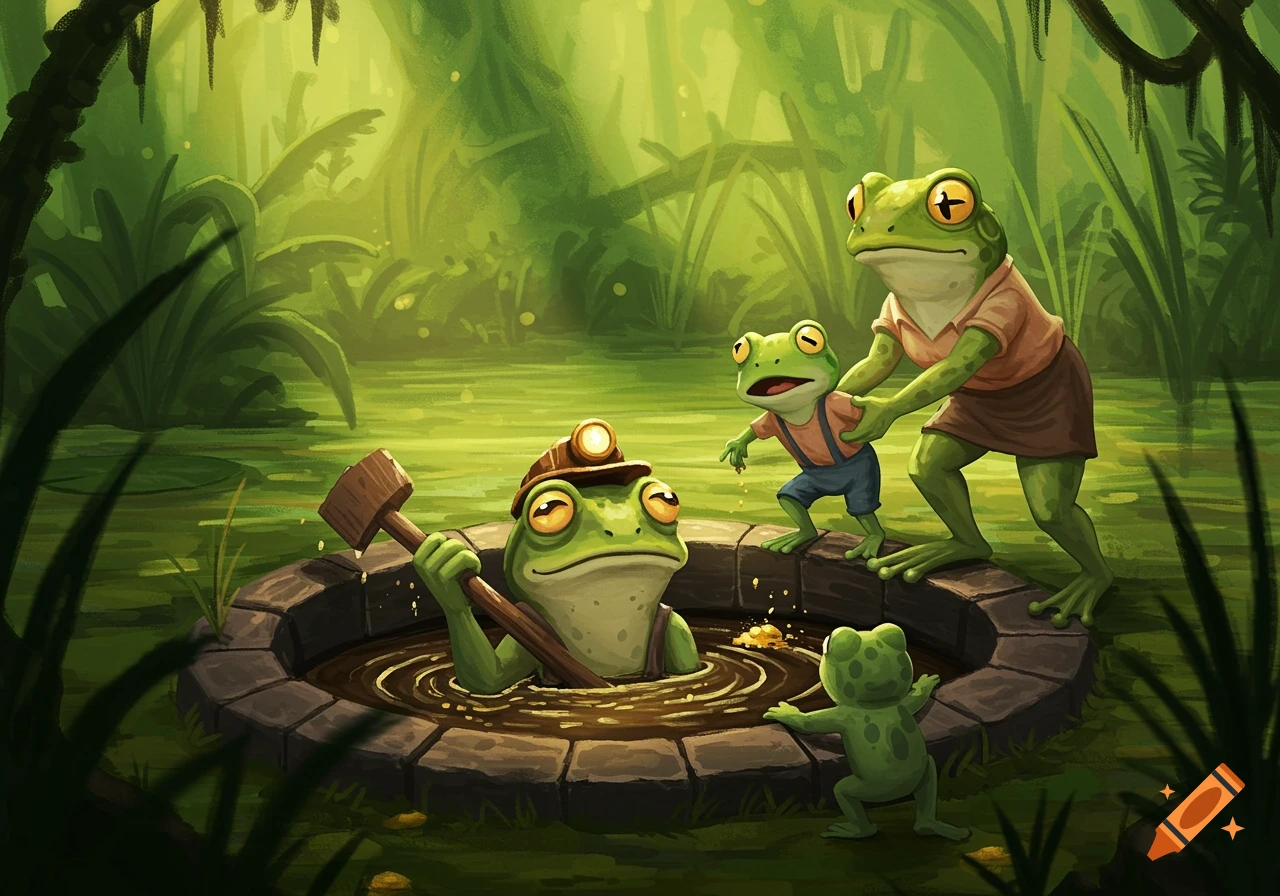 Cartoon frogs in a swamp. Frog dad is in a well with a pickaxe, mother pushes son out, younger son watches.