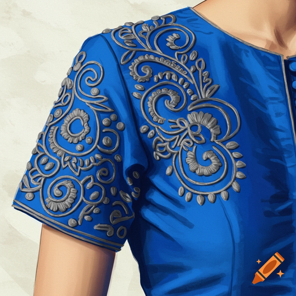 Close-up of a blue blouse with grey embroidery on the shoulder and sleeve.