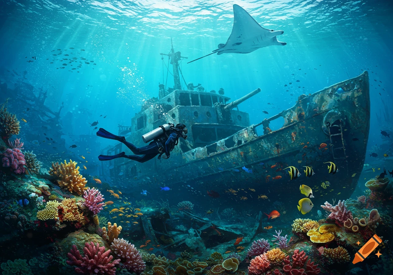 Scuba diver exploring a sunken shipwreck surrounded by coral reefs and marine life underwater.