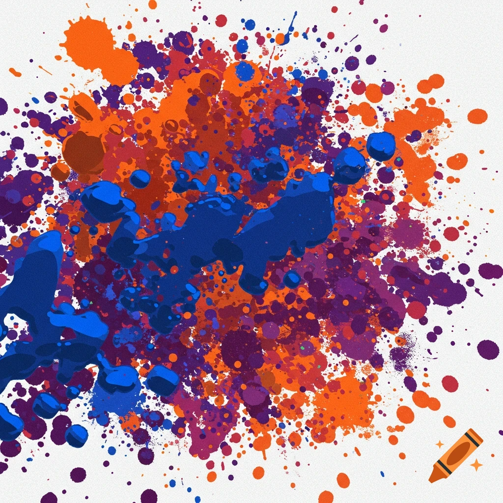 Abstract paint splatter in orange, blue, and purple on white.