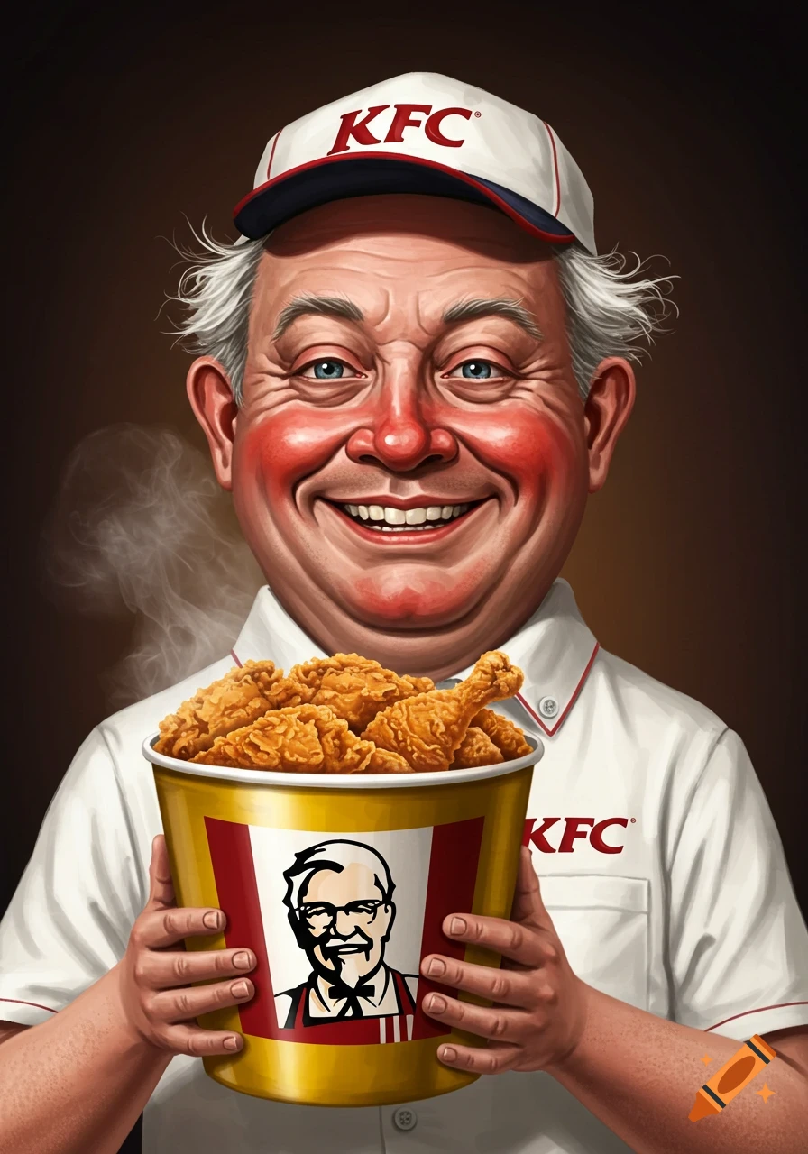 Stylized portrait of a man resembling Colonel Sanders holding a bucket of fried chicken