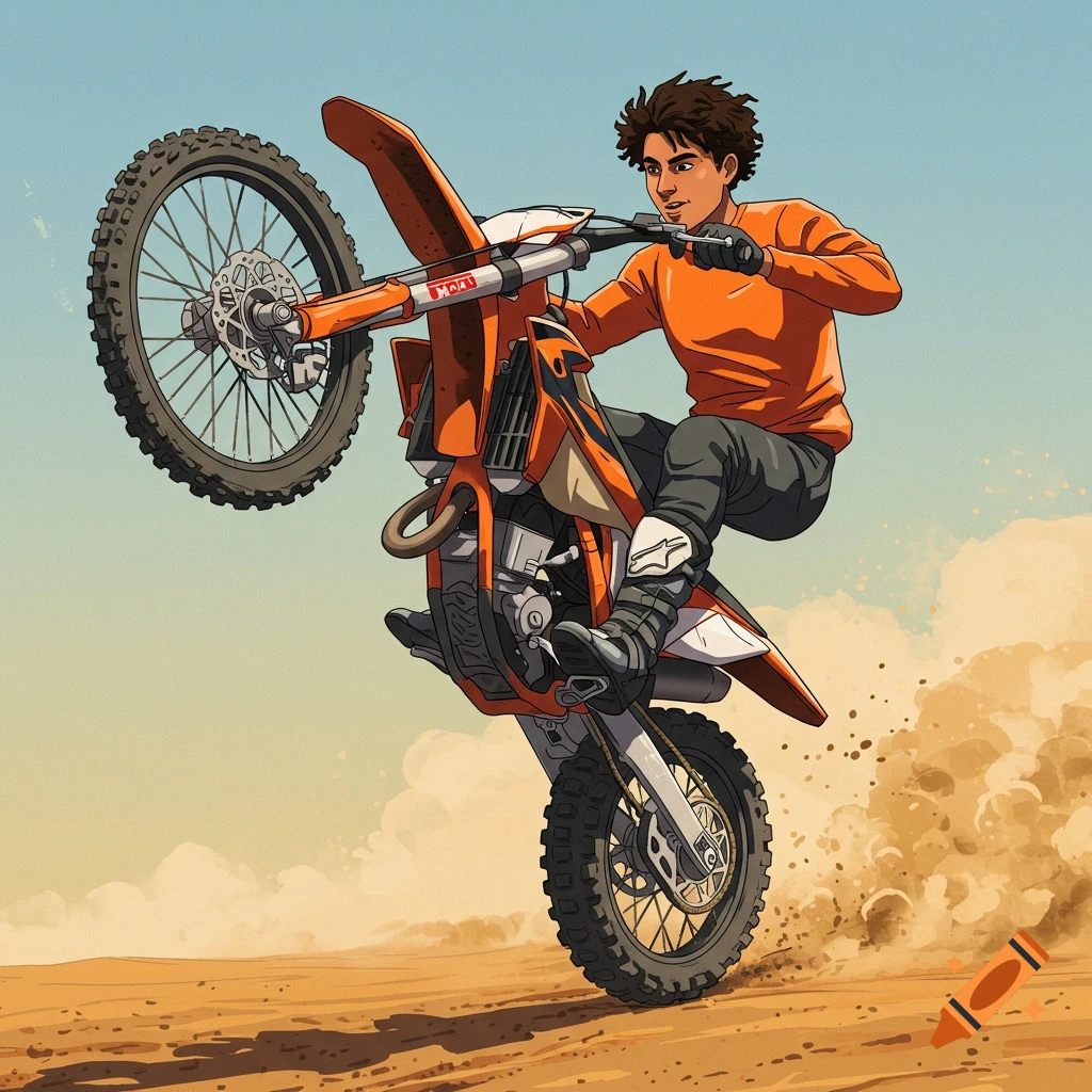 A person does a wheelie on an orange dirtbike in a dusty landscape, illustration style.