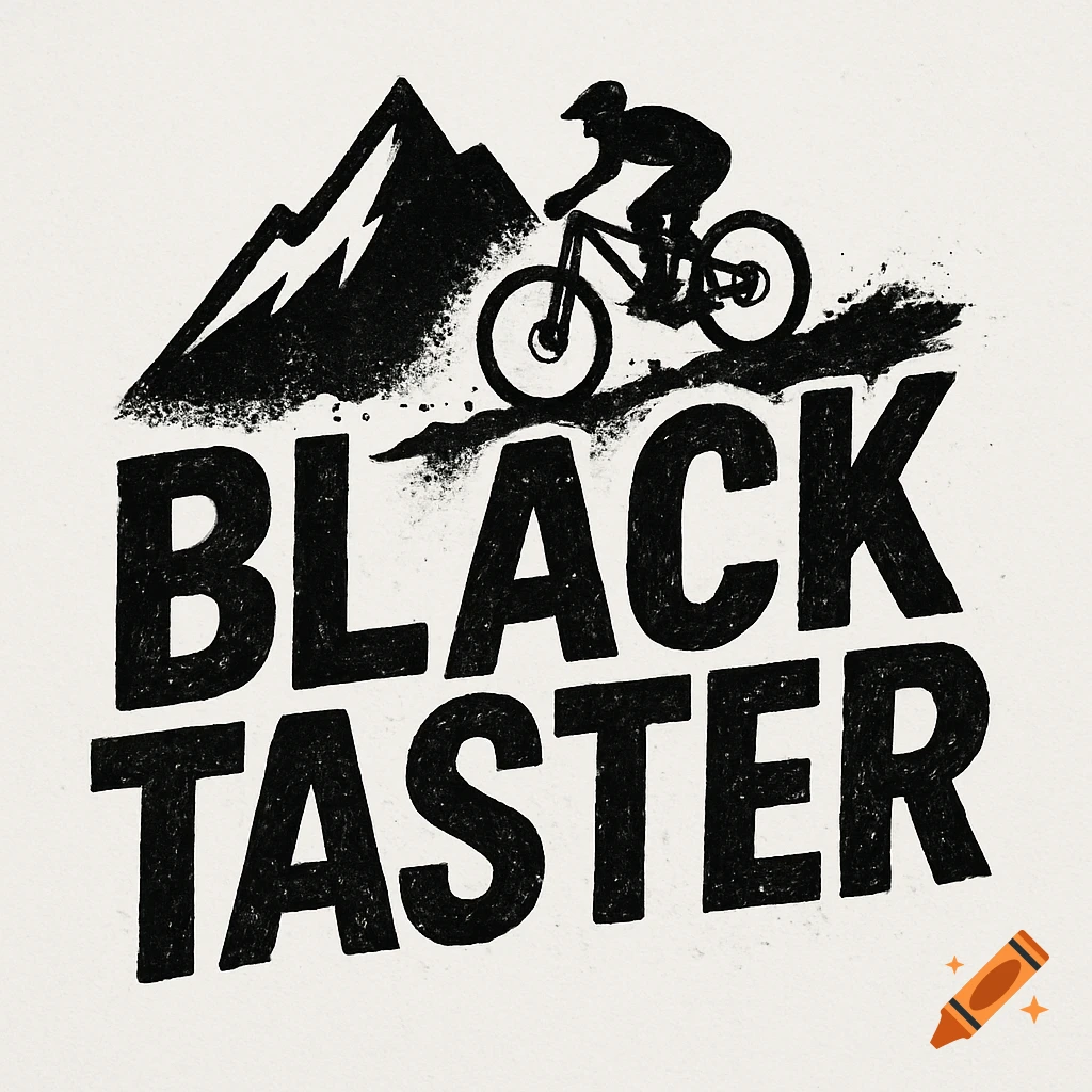 Black and white graphic of a mountain biker on a hill above the text "BLACK TASTER".