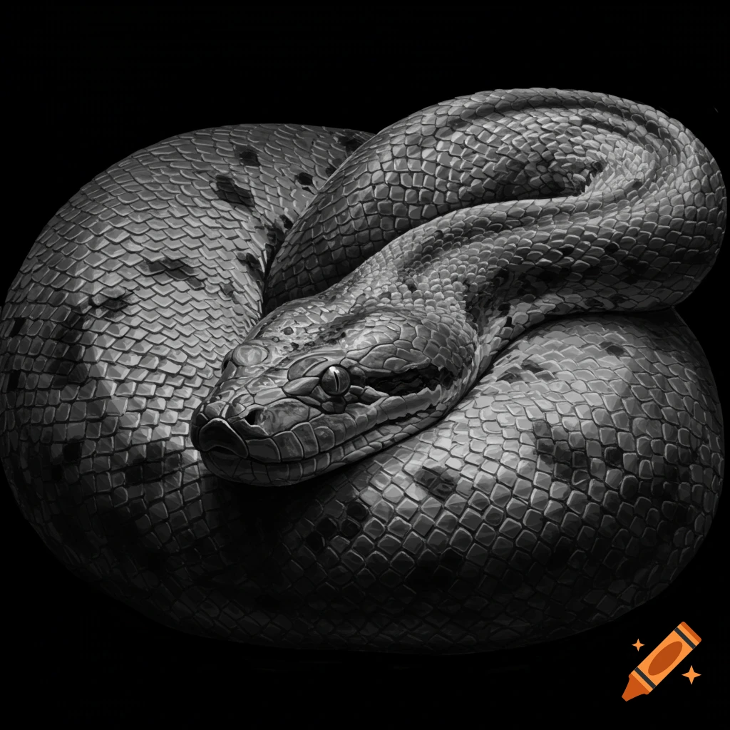 A monochrome illustration of a coiled anaconda.