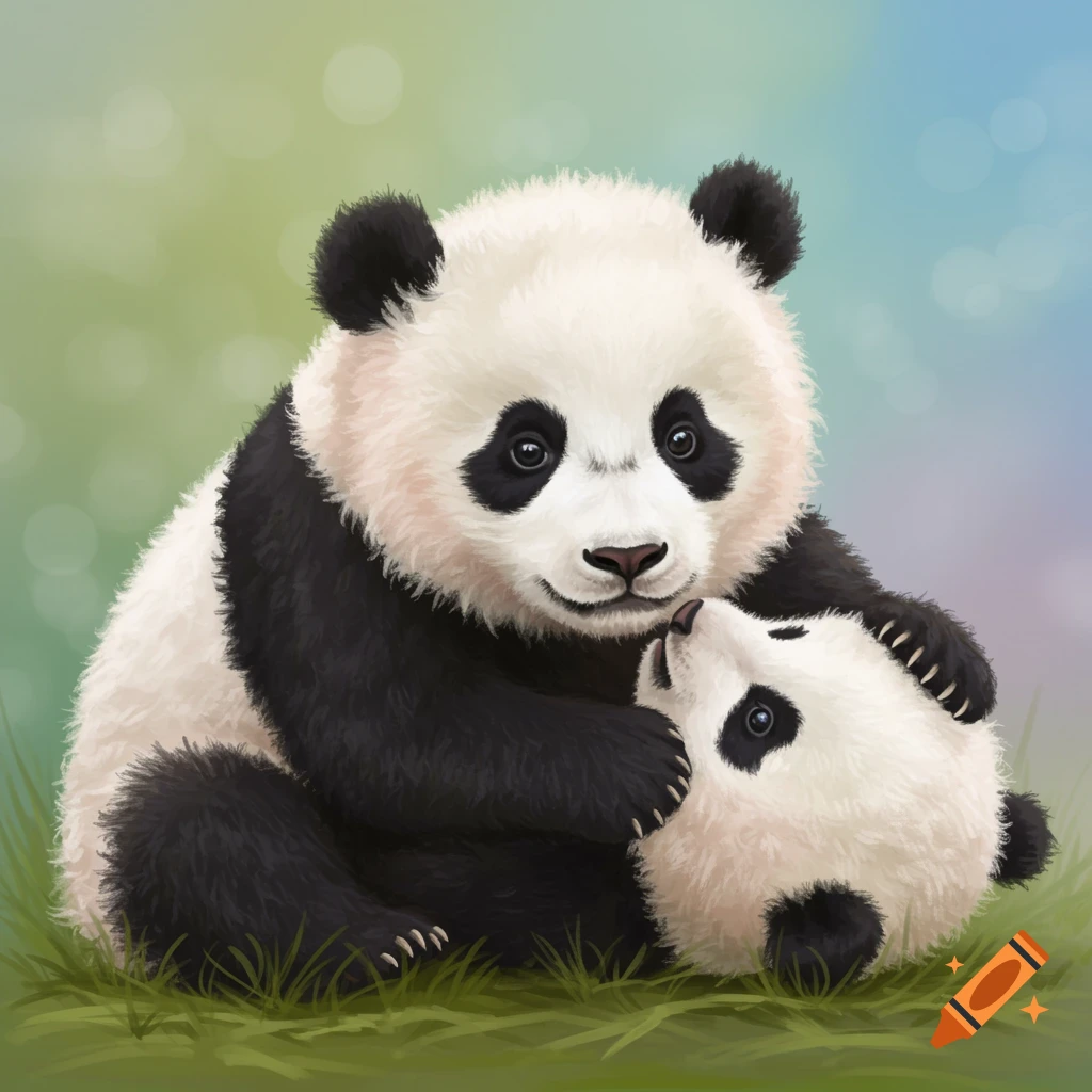 Two baby pandas hug while sitting on grass, digital illustration