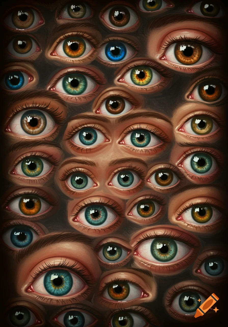 Detailed painting of many human eyes in various colors clustered together.