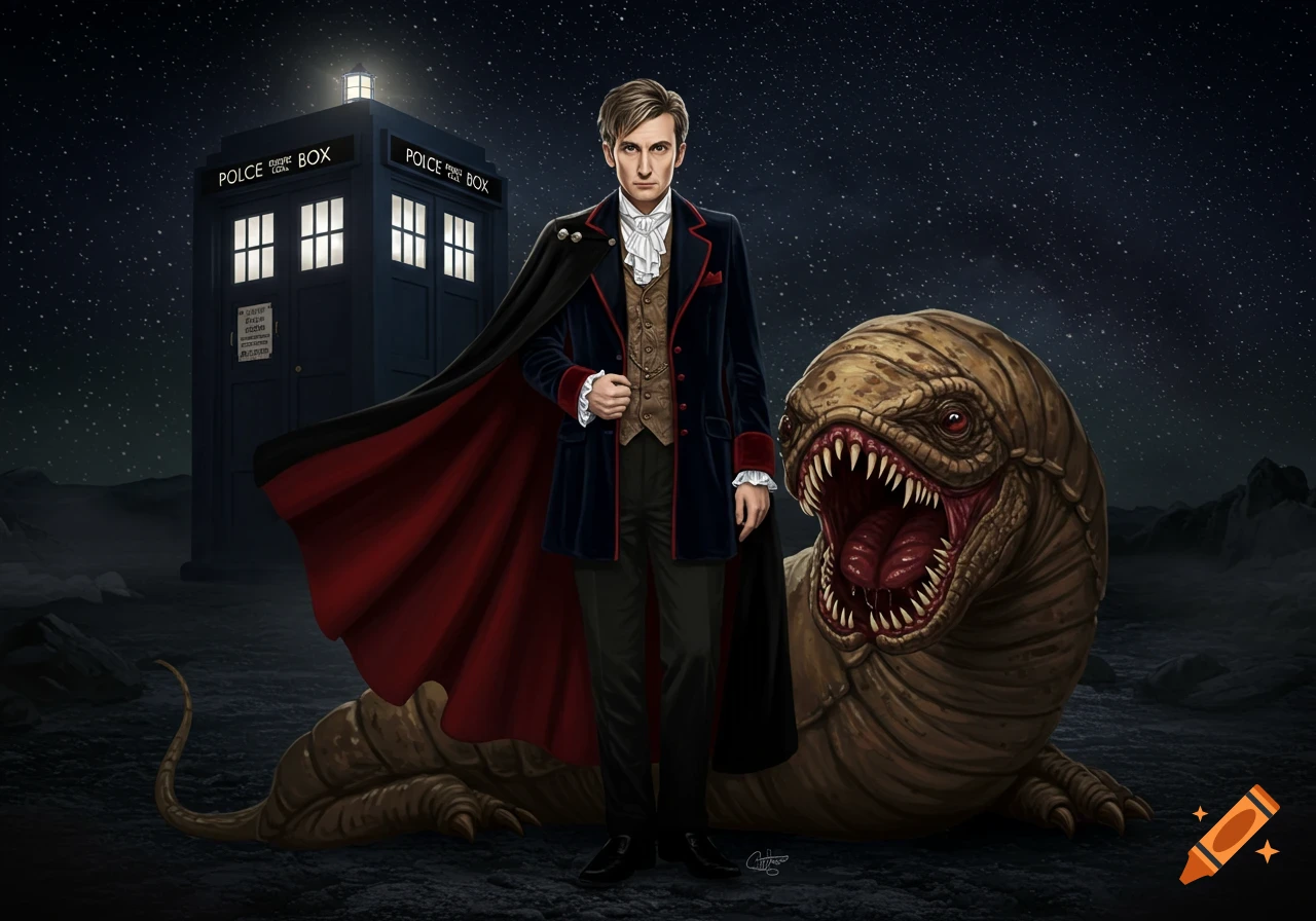A man in a cape stands beside a large worm creature with the TARDIS in a starry background.