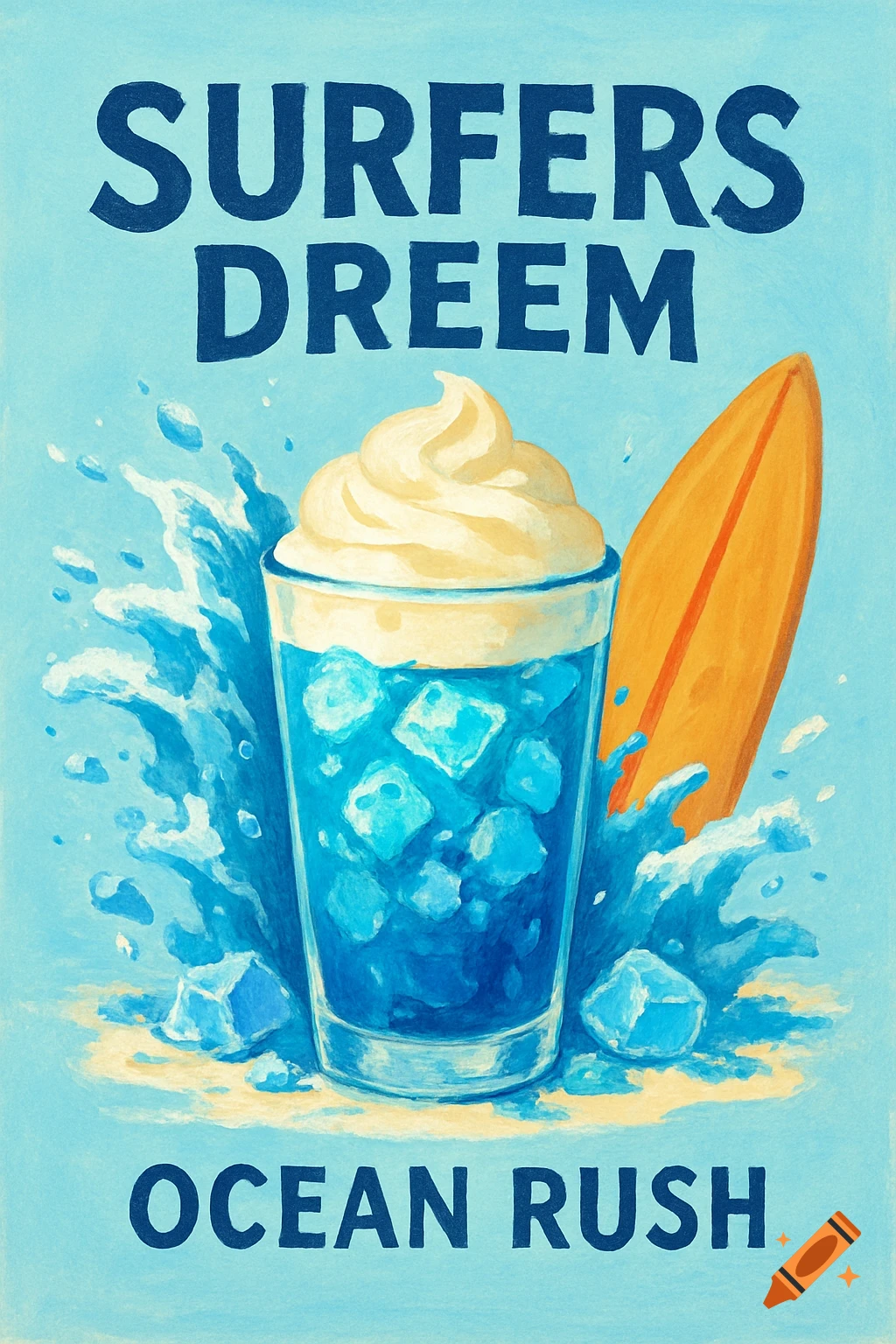 Illustrated poster for 'Surfers Dreem Ocean Rush' drink, with a blue drink, surfboard, and water splash.