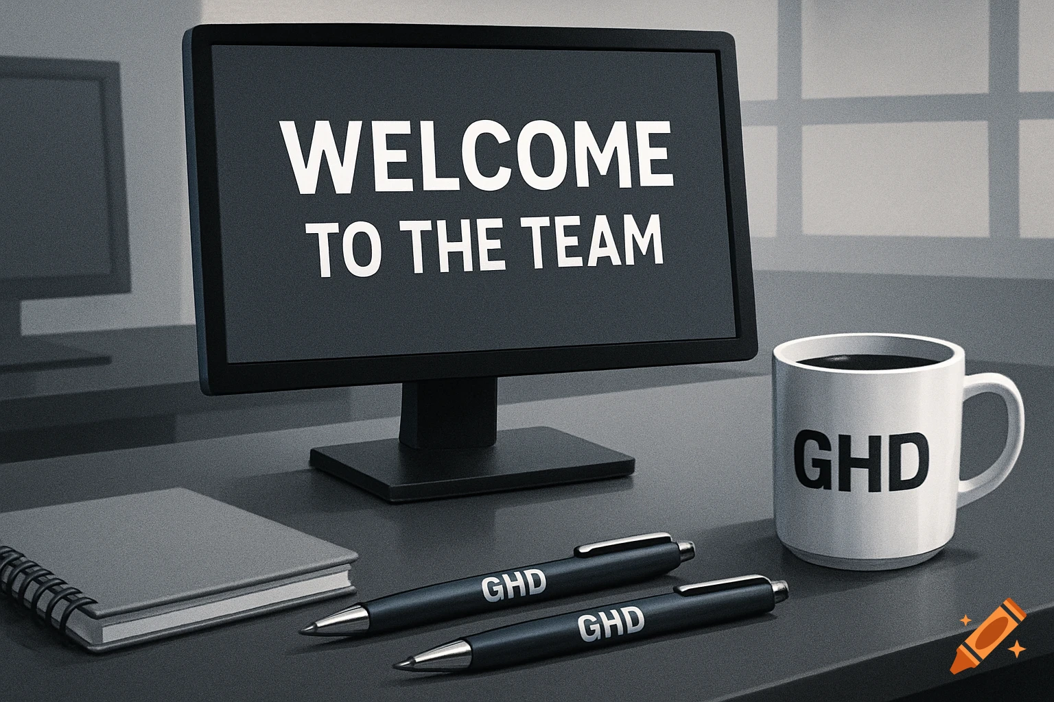 Office desk with monitor displaying 'Welcome to the Team', GHD mug and pens.