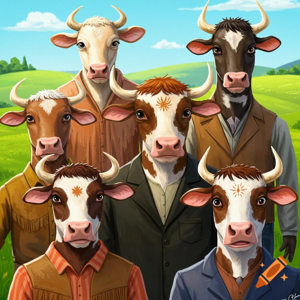 Anthropomorphic cows wearing suits and vests stand in a field