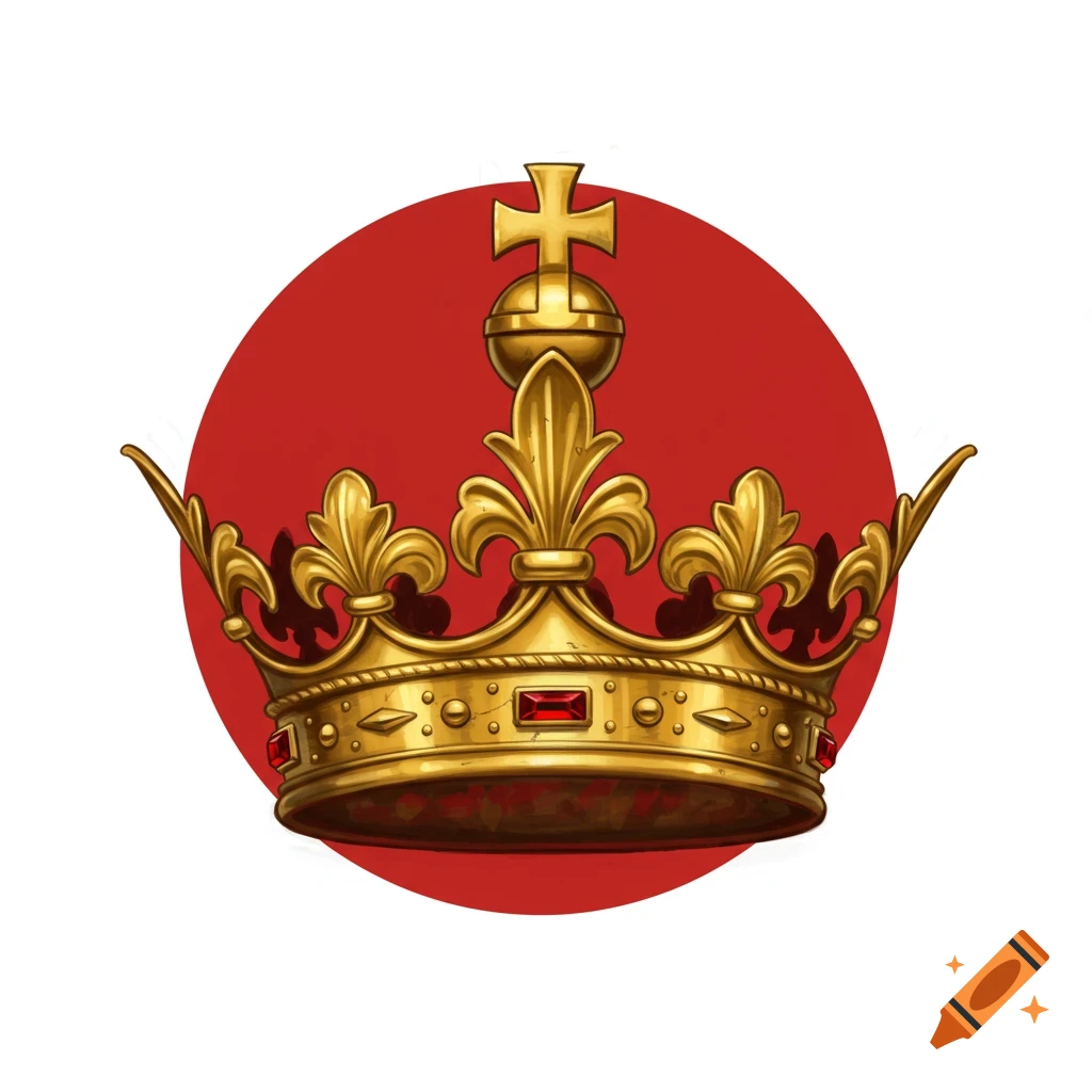 Golden royal crown with red gems on a red circle