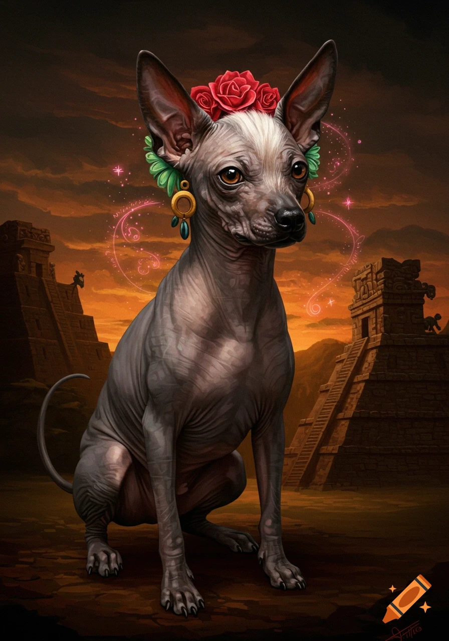 Xoloitzcuintli dog wearing roses and earrings in front of ancient pyramids at sunset, fantasy art.